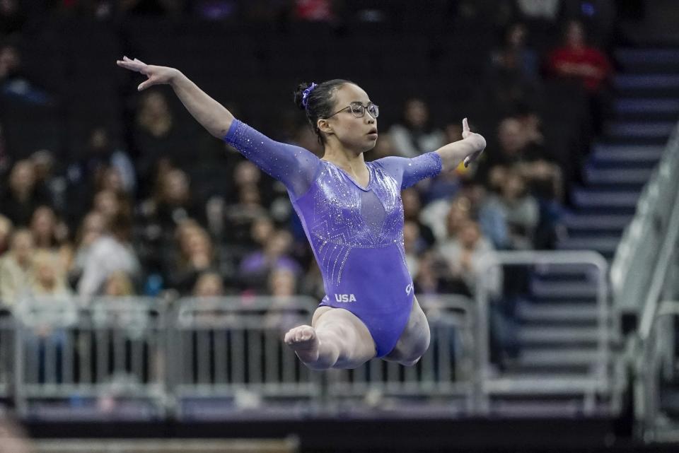 Morgan Hurd of the United States performs on the floor during the America Cup gymnastics competition Saturday, March 7, 2020, in Milwaukee. (AP Photo/Morry Gash)