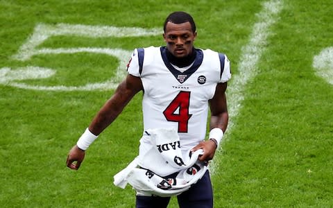 Deshaun Watson #4 of the Houston Texans warms up prior to the NFL match between the Houston Texans andÂ Jacksonville Jaguars at Wembley Stadium on November 03, 2019 in London, England - Credit: Getty Images