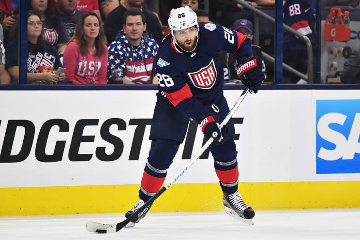 COLUMBUS, OH - SEPTEMBER 9: Blake Wheeler #26 of Team USA looks to pass the puck during the first period of an exhibition game against Team Canada on September 9, 2016 at Nationwide Arena in Columbus, Ohio. (Photo by Jamie Sabau/World Cup of Hockey via Getty Images)