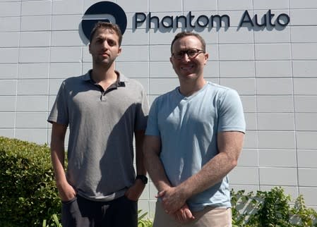 Phantom Auto co-founders Shai Magzimof and Elliot Katz pose for a photo at the company's Silicon Valley headquarters in Mountain View