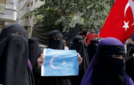 Women hold flags as they attend a protest in front of the Thai Embassy in Ankara, Turkey, July 9, 2015. REUTERS/Umit Bektas