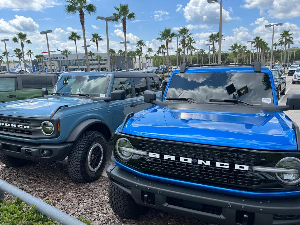 Ford Broncos on the lot at Gary Yeomans Ford Lincoln at the Daytona International Auto Mall on Friday, Sept. 15, 2023. General Manager Jeromie Allan said he has plenty of new Broncos in stock for now, but expressed concern if the UAW strike that began Friday at the Michigan plant that makes them goes for an extended period of time.