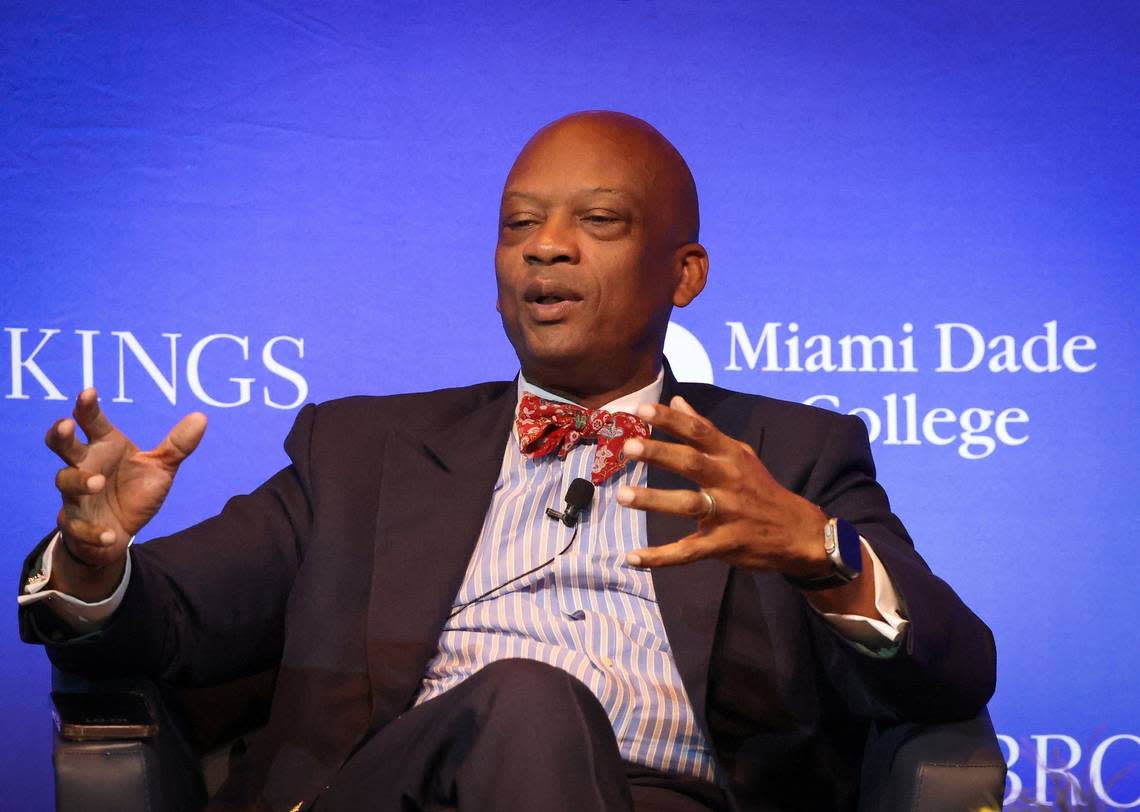 Miami-Dade Commission Chairman Oliver Gilbert III explains the local impact of federal tax policy and government spending on residents of Miami-Dade. Miami Dade College hosted an economic panel as part of Brookings’ Election ’24: Issues at Stake at its Wolfson campus on Tuesday, April 16, 2024, in downtown Miami, Florida.