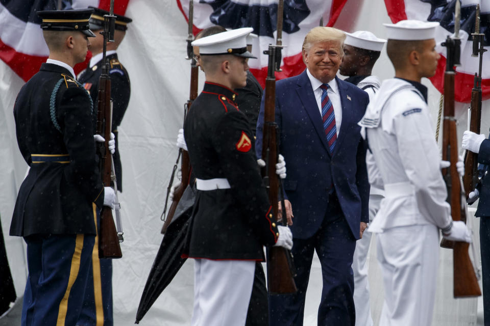 President Donald Trump arrives for an Armed Forces welcome ceremony for the new chairman of the Joint Chiefs of Staff Gen. Mark Milley, Monday, Sept. 30, 2019, at Joint Base Myer-Henderson Hall, Va. (AP Photo/Evan Vucci)