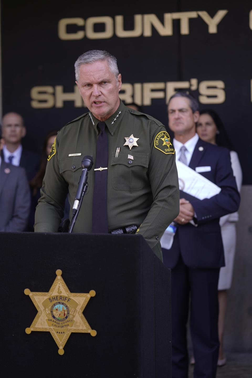 Orange County Sheriff-Coroner Don Barnes comments on the shooting at Cook's Corner, a biker bar in rural Trabuco Canyon, Calif., in Orange County, during a news conference in Santa Ana, Calif., Thursday, Aug. 24, 2023. (AP Photo/Damian Dovarganes)