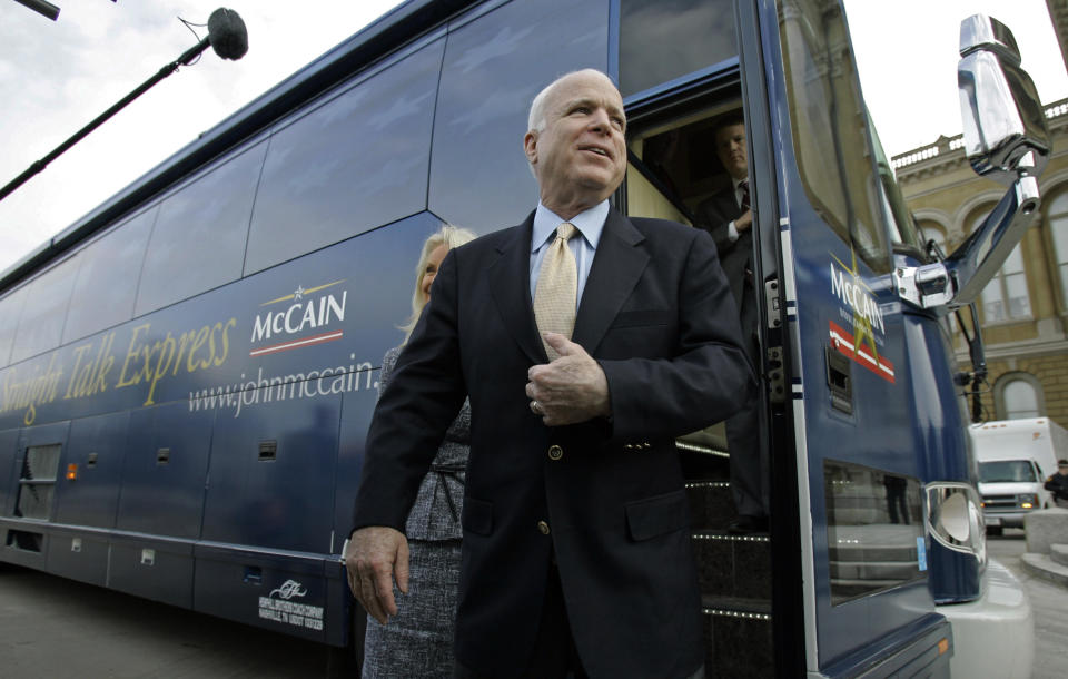 <p>Sen. John McCain steps off his campaign bus after arriving at the Iowa Statehouse before speaking to Iowa legislators in Des Moines, Iowa, on March 15, 2007. (Photo: Charlie Neibergall/AP) </p>