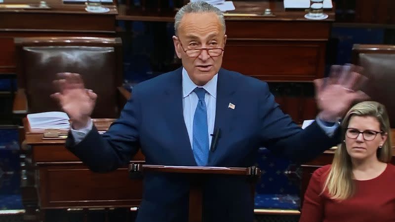 U.S. Senate Minority Leader Schumer addresses Senate about rules for impeachment trial of President Trump at the U.S. Capitol in Washington