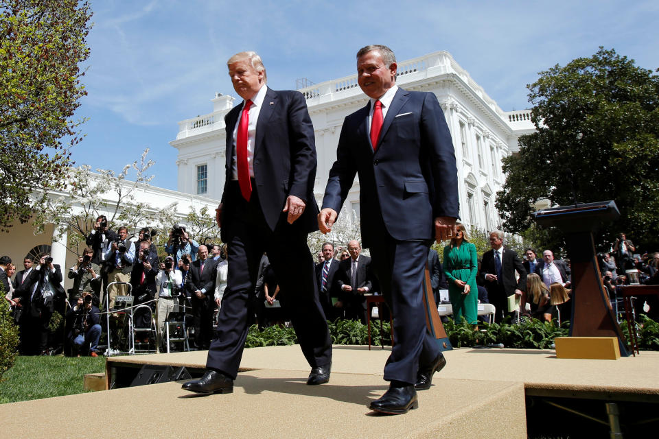 Trump, left, and Jordan's King Abdullah II leave after a joint news conference in the Rose Garden at the White House on April 5, 2017.