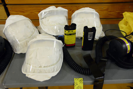 Protective gear for U.S. Army soldiers from the 101st Airborne Division (Air Assault), who are earmarked for the fight against Ebola, is seen during training before their deployment to West Africa, at Fort Campbell, Kentucky October 9, 2014. REUTERS/Harrison McClary