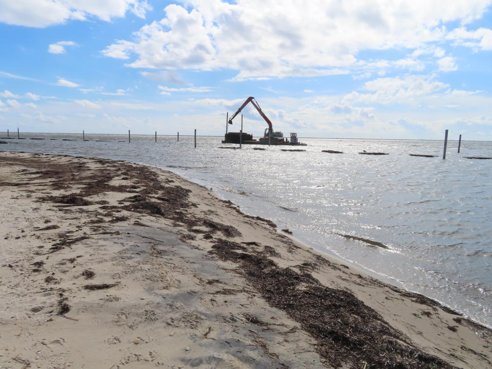 A barge holding cages of whelk shells and oysters sails into Barnegat Bay in Lacey Township N.J. on Aug. 16, 2022 as part of a project to protect the shoreline by establishing oyster colonies to blunt the force of incoming waves in a badly eroded section. (AP Photo/Wayne Parry)