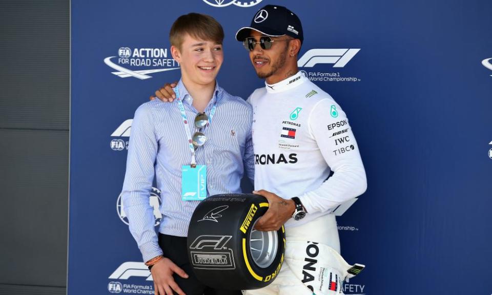 Billy Monger with Lewis Hamilton at the 2018 British Grand Prix at Silverstone.