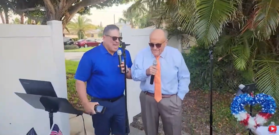 Rudy Giuliani (right), pictured on Friday singing ‘New York, New York’ at his 80th birthday party before being served an indictment accusing him of 2020 election interference (Rudy W. Giuliani/America’s Mayor Live (E410))