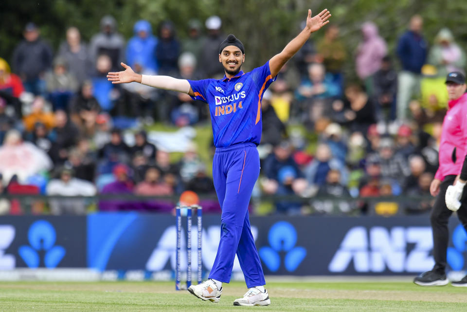 Arshdeep Singh of India gestures during the one day cricket international between India and New Zealand at Hagley Oval, in Christchurch, New Zealand, Wednesday, Nov. 30, 2022. (John Davidson/Photosport via AP)