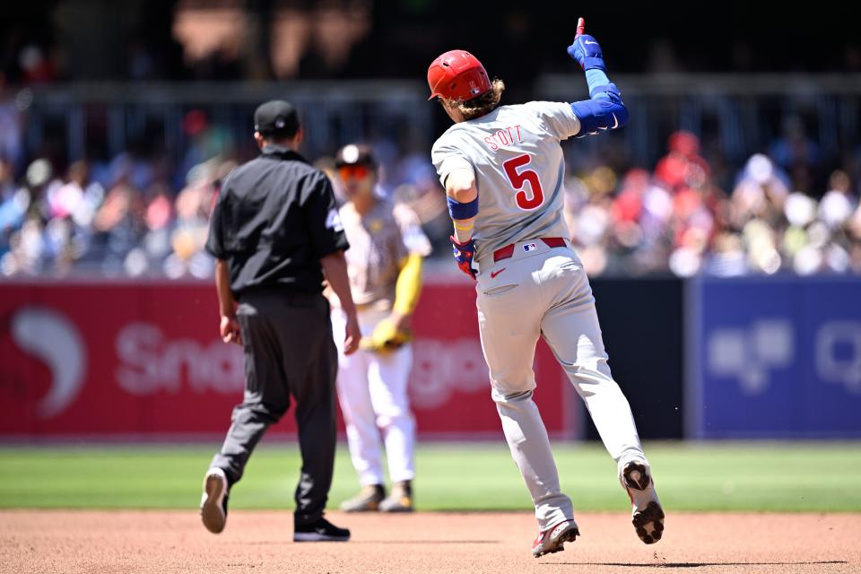 Philadelphia Phillies second baseman Bryson Stott rounds the bases after hitting a two-run home run against the San Diego Padres during the fourth inning Sunday at Petco Park in San Diego.
