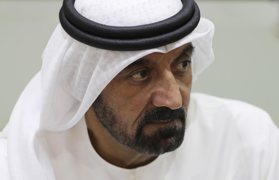 Sheikh Ahmed bin Saeed Al Maktoum, president of the Department of Civil Aviation, CEO and chairman of The Emirates Group speaks with journalists at the Arabian Travel Market exhibition in Dubai, United Arab Emirates, Monday, May 17, 2021. The Middle East's largest airlines saw its passenger levels plummet by 70% last year and furloughed more than 25% of its staff due to the coronavirus pandemic, Al Maktoum said Monday. (AP Photo/Kamran Jebreili)