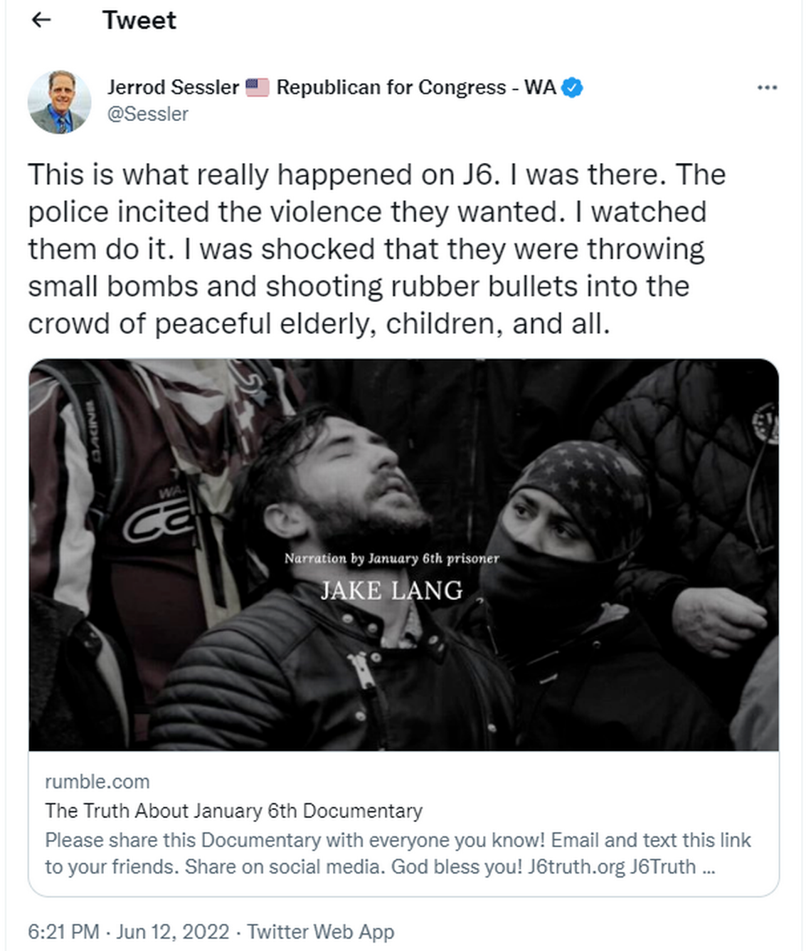 Jerrod Sessler, candidate for the Washington 4th Congressional District, says police incided the violence at the U.S. Capitol on Jan. 6, 2020.