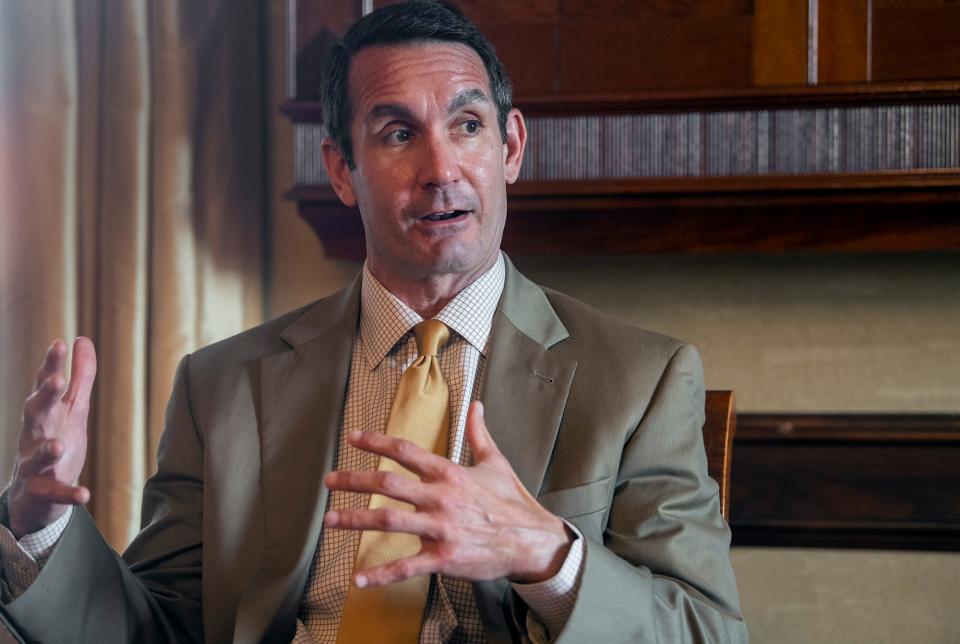 Eugene DePasquale answers questions a press conference following a candidate forum at the Country Club of York sponsored by the Rotary Club of York Wednesday October 7, 2020.