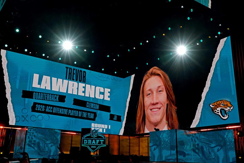 NFL commissioner Roger Goodell announces Trevor Lawrence (Clemson) being selected by the Jacksonville Jaguars as the number one overall pick in the first round of the 2021 NFL Draft at First Energy Stadium,