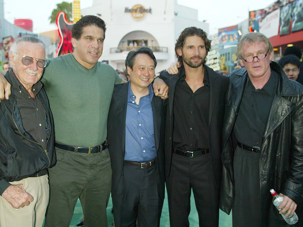 Stan Lee, Lou Ferrigno, Ang Lee, Eric Bana and Nick Nolte at the ‘Hulk’ world premiere in June 2003 (Getty)