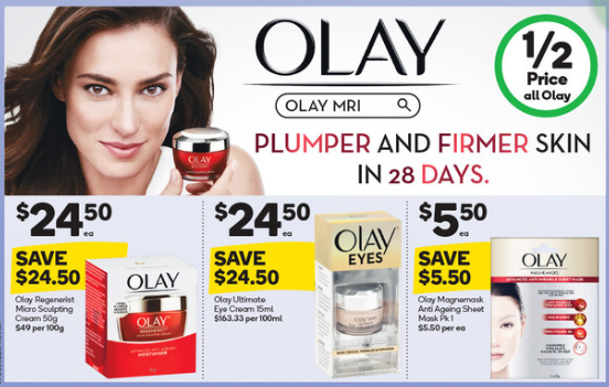Olay range on sale for half-price at Woolworths.