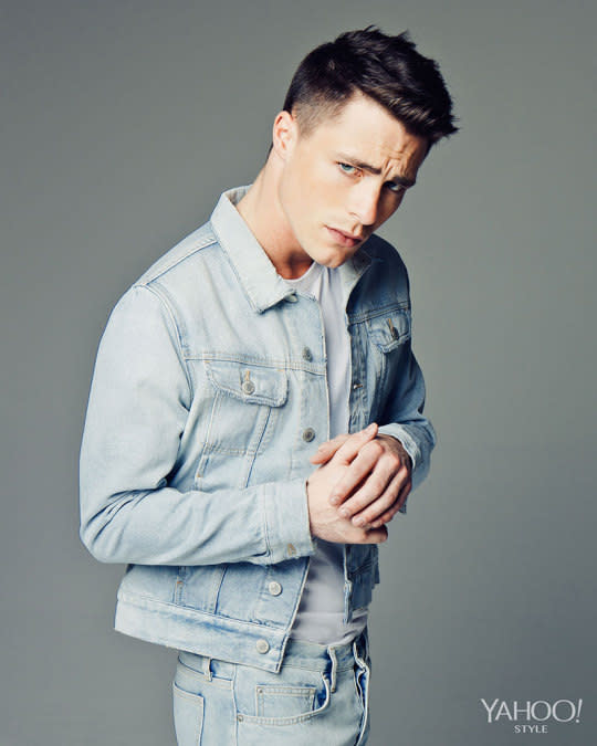 A denim dream: Colton Haynes in Sandro jeans and jacket.