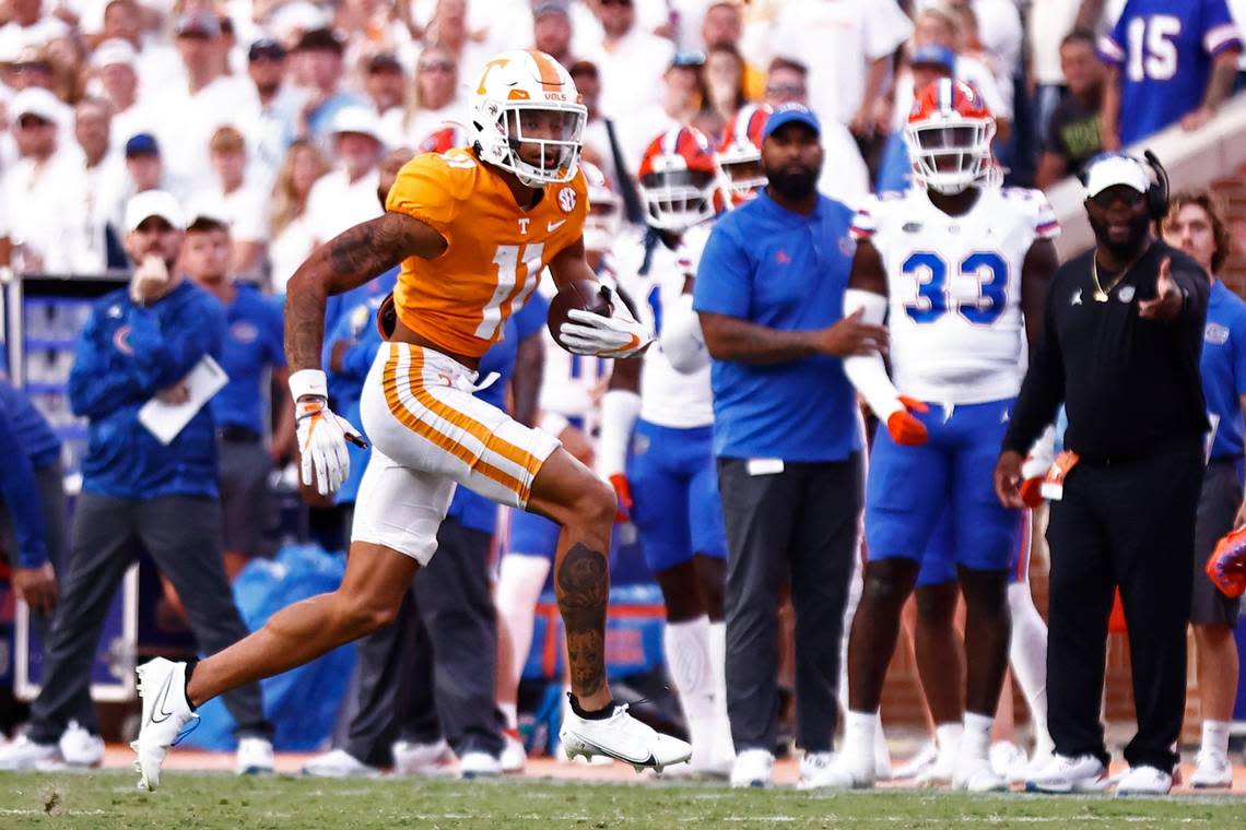 Tennessee wide receiver Jalin Hyatt (11) has 40 catches for 769 yards and 12 touchdowns this season.