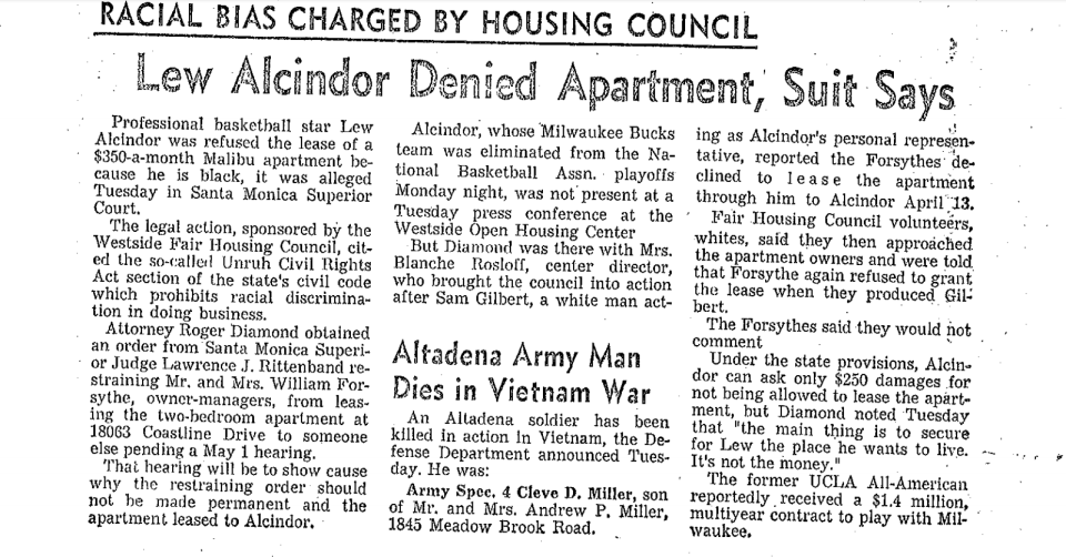 A 1970 Los Angeles Times article details the lawsuit filed by the Westside Fair Housing Council on behalf of Lew Alcindor. (Screen shot via Westside Fair Housing Council)