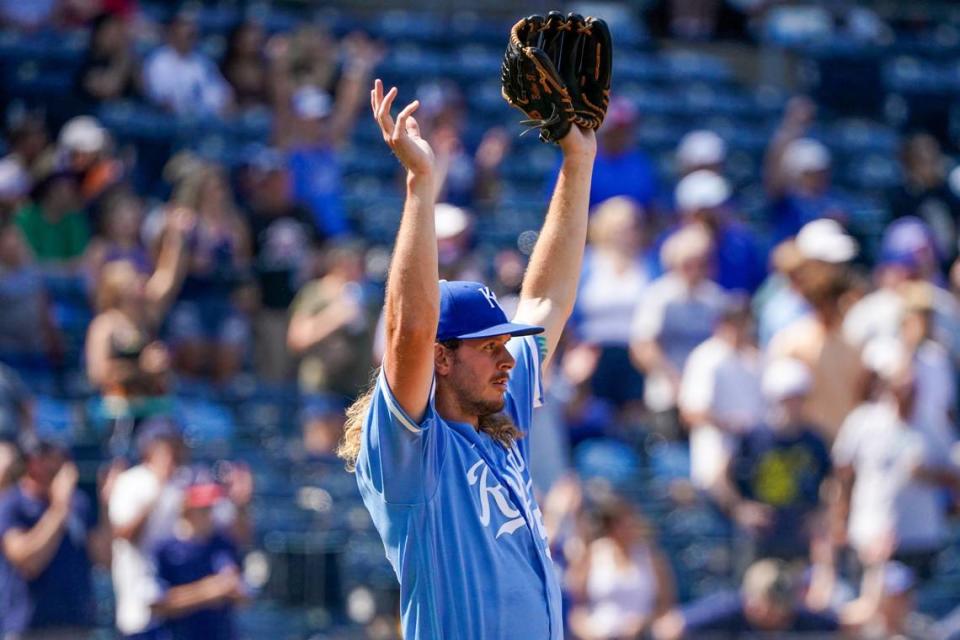 Kansas City Royals relief pitcher Scott Barlow (58) celebrates against the Tampa Bay Rays as the last out was made in the ninth inning at Kauffman Stadium. Denny Medley/USA TODAY Sports