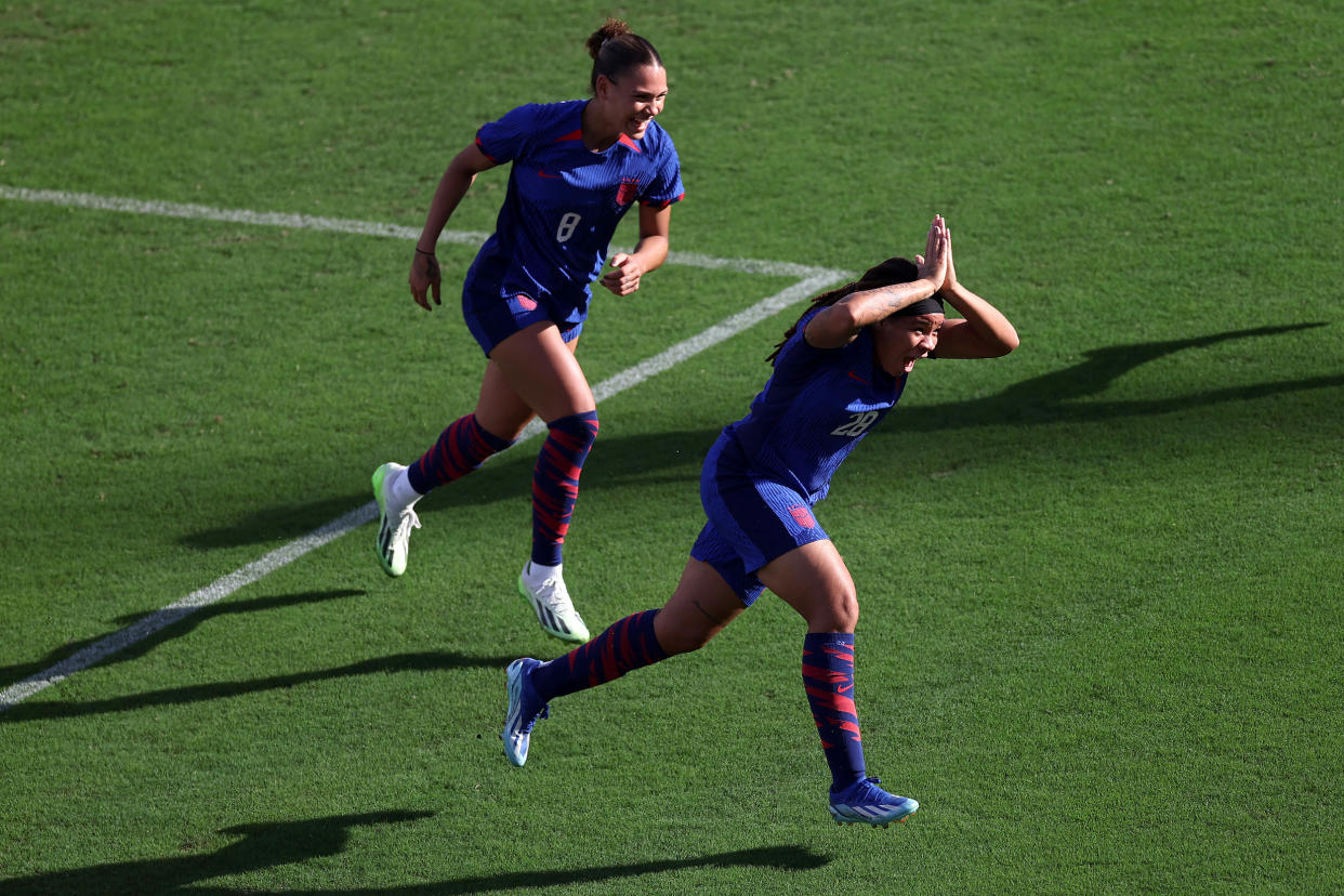 Trinity Rodman (L) and Mia Fishel celebrate Fishel’s first USWNT goal. (Sean M. Haffey/Getty Images)