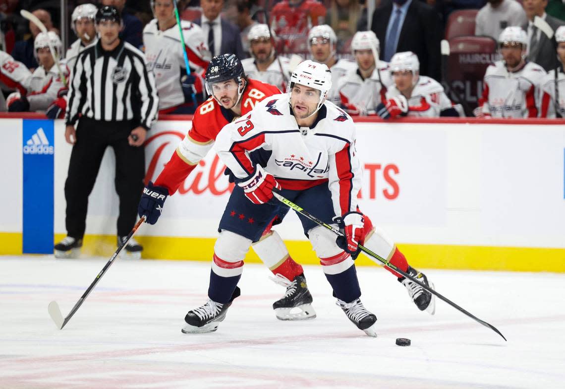 Washington Capitals left wing Conor Sheary (73) blocks Florida Panthers defenseman Josh Mahura (28) from the puck during the second period of an NHL game at FLA Live Arena in Sunrise, Florida, on Tuesday, Nov. 15, 2022, around Doral.
