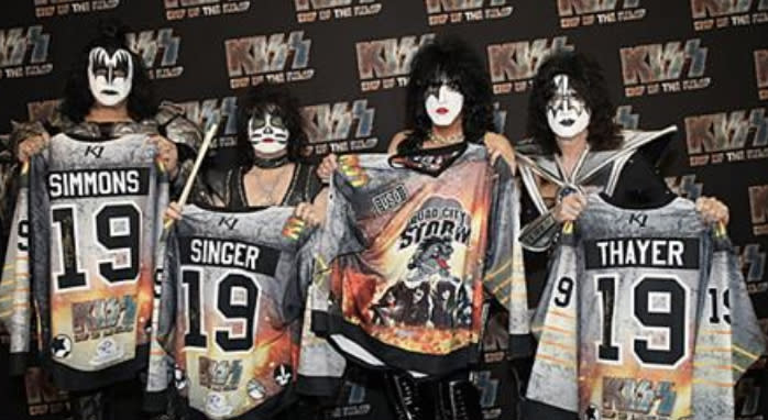 Members of KISS with the jerseys that the Quad City Storm will be wearing for a promotional night honouring the legendary band on Saturday. (Twitter//@SPHL)