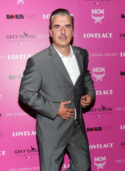 Chris Noth wears a gray suit with a white shirt and stands against a hot pink background.