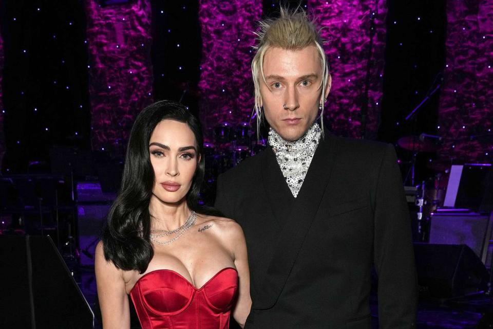 <p>Kevin Mazur/Getty Images</p> Megan Fox and Machine Gun Kelly on Feb. 4, 2023