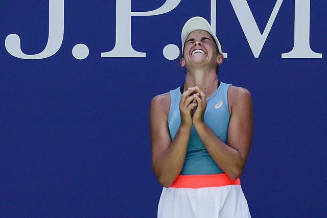 Jennifer Brady celebrates beating Angelique Kerber