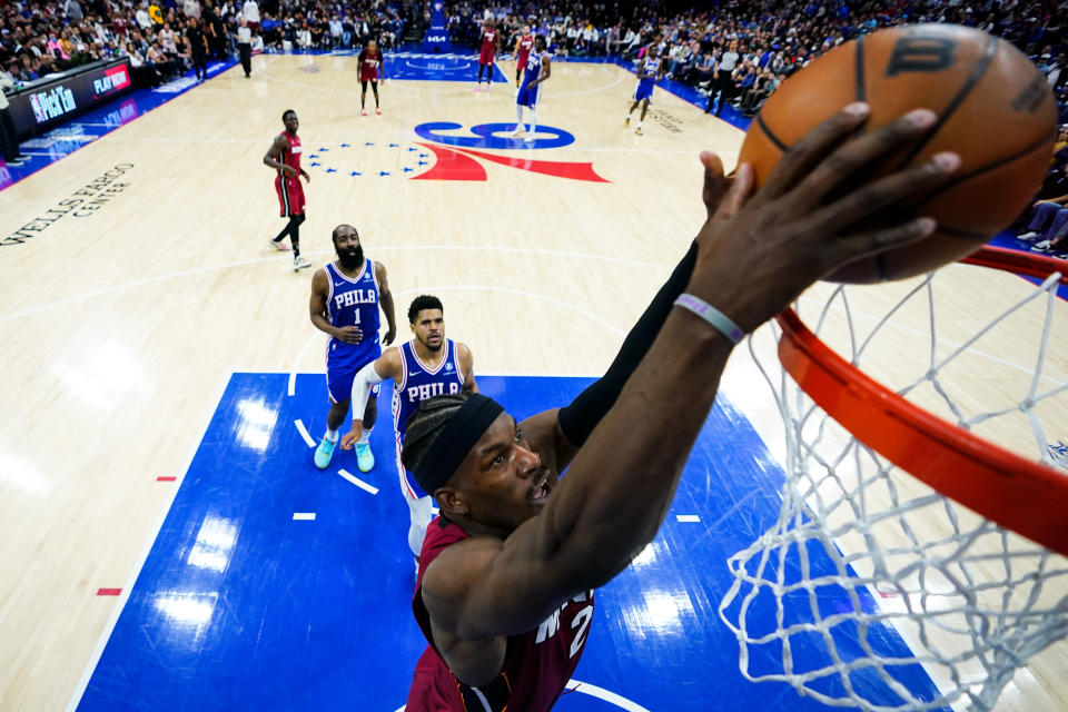 Miami Heat's Jimmy Butler dunks against the Philadelphia 76ers during the second half of Game 6 of an NBA basketball second-round playoff series, Thursday, May 12, 2022, in Philadelphia. (AP Photo/Matt Slocum)