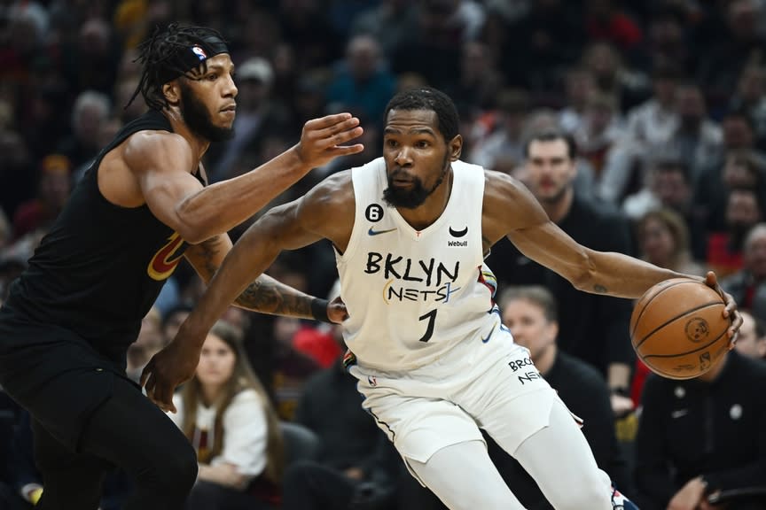 Brooklyn Nets forward Kevin Durant (7) drives to the basket against Cleveland Cavaliers forward Lamar Stevens (8) during the first half at Rocket Mortgage FieldHouse.