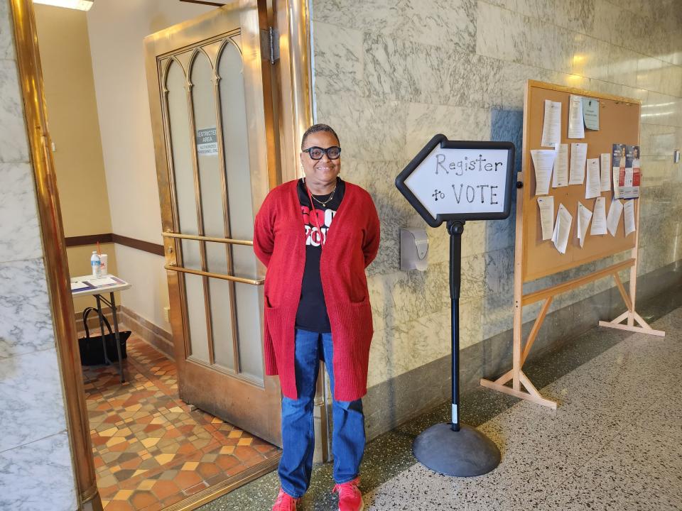 Delores Thompson, volunteer deputy registrar with the Amarillo League of Women Voters, helps individuals register to vote before registration closed in April at the Potter County Elections Office. The league will be registering voters on Sept. 19 at all of Amarillo Public Library's locations.