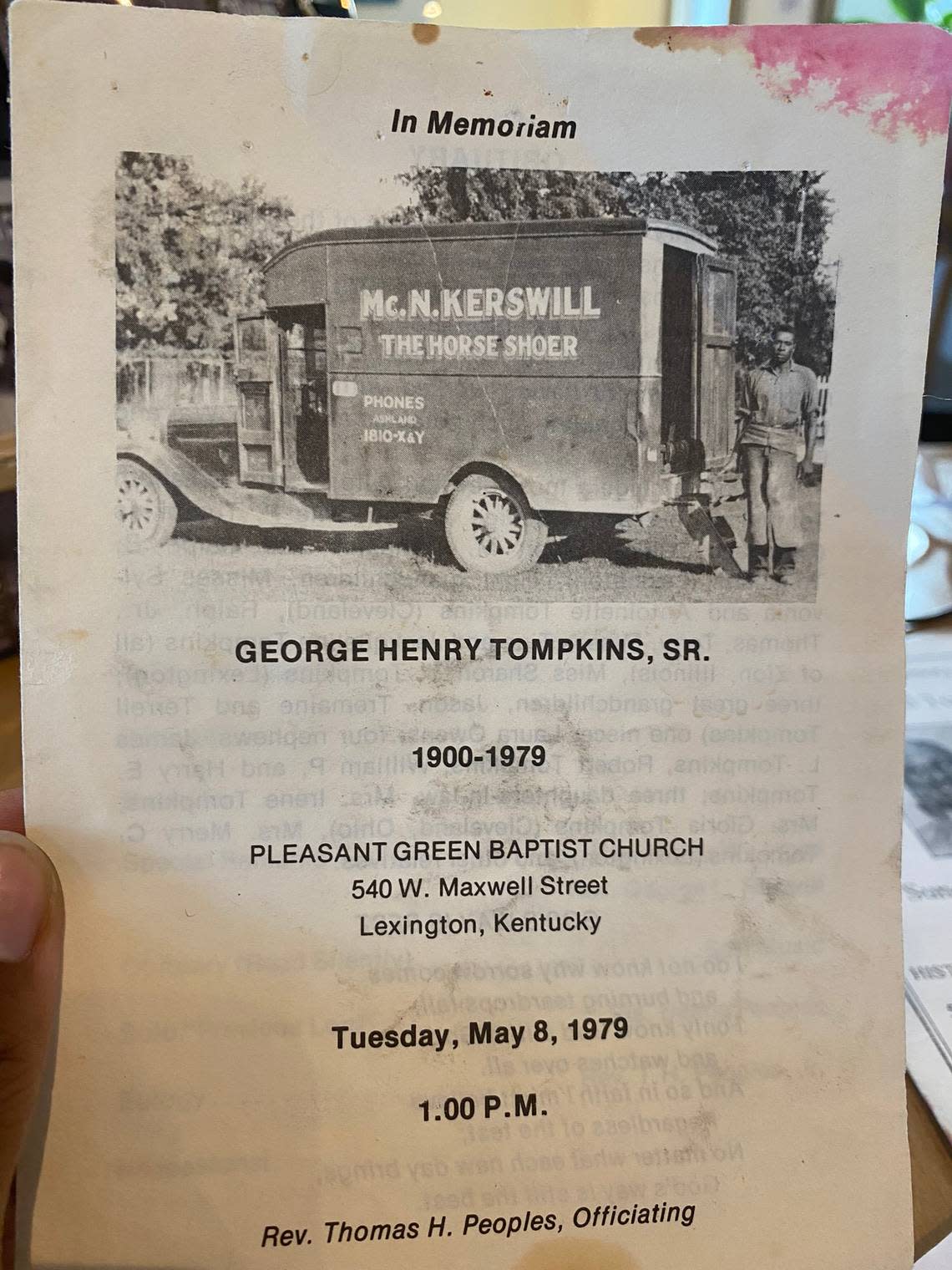 George Henry Tompkins was a Lexington blacksmith who ran a mobile farrier service and shoed racing greats including Man o’ War. He’s pictured with a truck bearing the name of another farrier, McNair Kerswill.