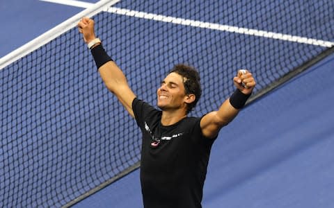 Rafael Nadal of Spain celebrates victory over Juan Martin del Potro of Argentina in their 2017 US Open Men's Singles semifinals match at the USTA Billie Jean King National Tennis Center in New York on September 8, 2017 - Credit: AFP