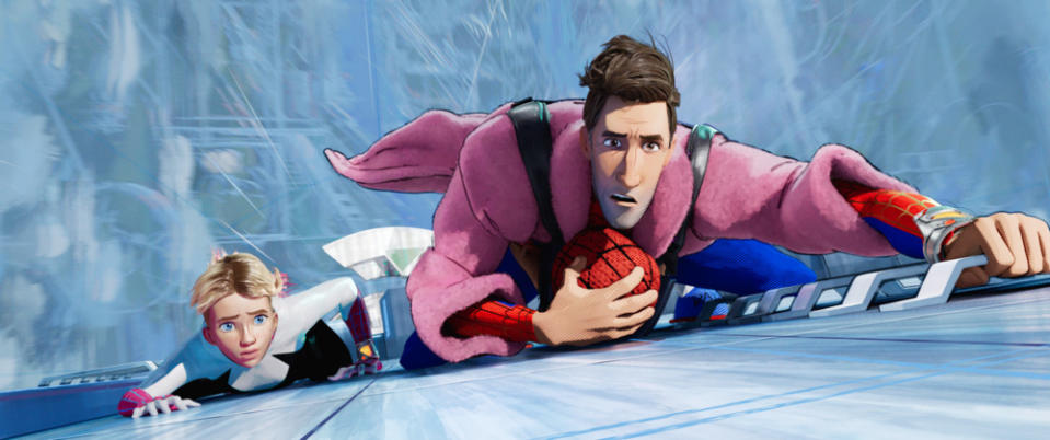 Gwen Stacy (Hailee Steinfeld), Peter B. Parker (Jake Johnson) and his daughter Mayday in Columbia Pictures and Sony Pictures Animations’ SPIDER-MAN: ACROSS THE SPIDER-VERSE.
