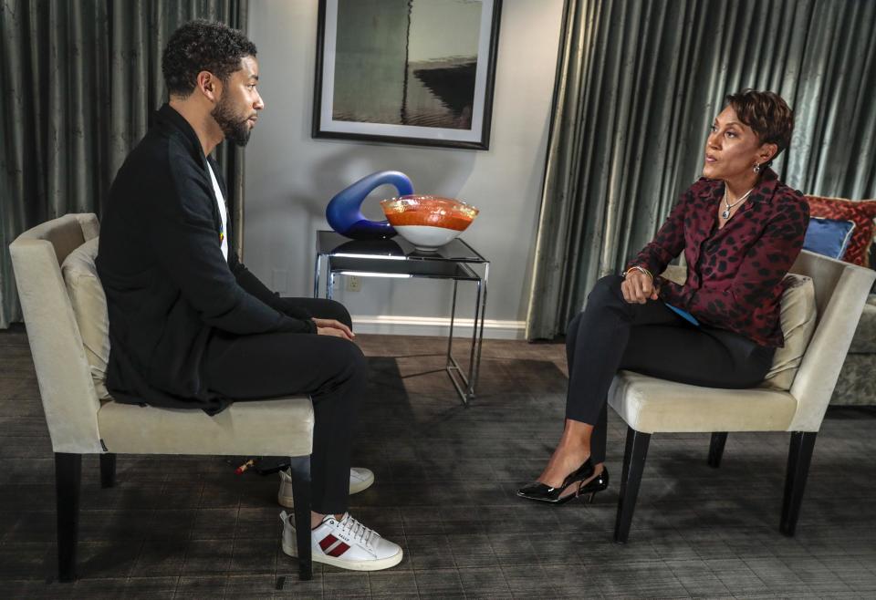 Jussie Smollett being interviewed about his attack by Robin Roberts on ABC's Good Morning America (Getty)