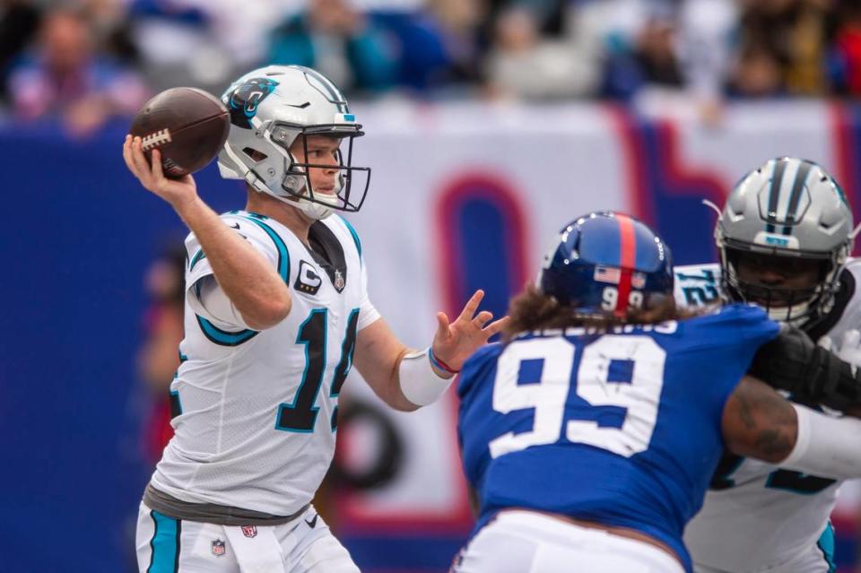 Panthers quarterback Sam Darnold bring his arm back to throw a pass during the game against the Giants at MetLife Stadium on Sunday, October 24, 2021 in Rutherford, NJ. The Panthers, who did not score a single touchdown, lost to the Giants, 24-3. This is the Panthers fourth straight loss after a 3-0 start to the season.