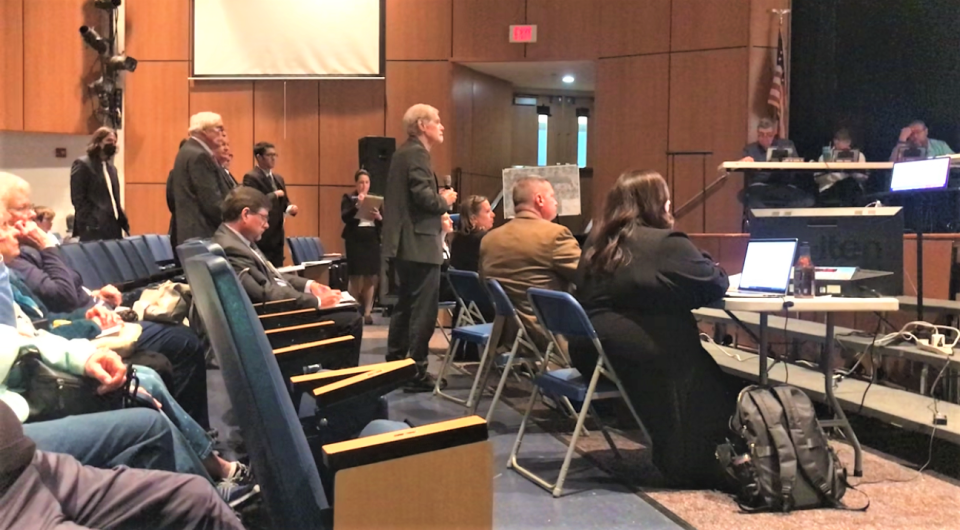 A 234-unit apartment complex ordered under a state court settlement underwent a four-hour, special hearing at the Woodbury Heights Planning Board Monday night but approval is delayed until at least June. About 200 residents attended in protest. PHOTO: May 6, 2024.