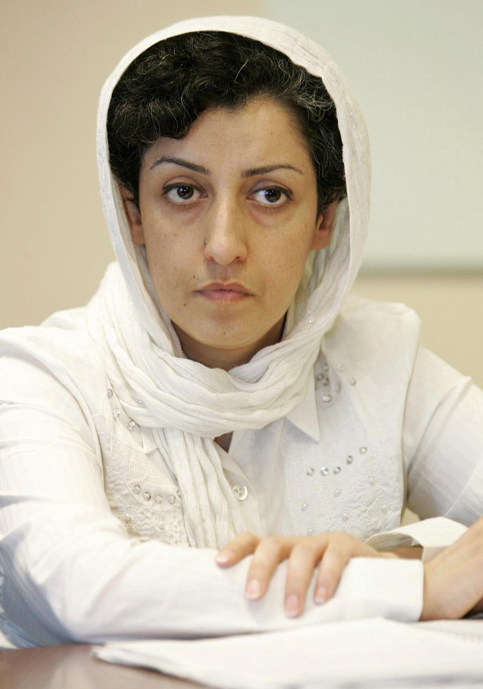 FILE - Iranian activist Narges Mohammadi, delegate of the Center for Human Rights Defenders, attends a press conference in the U.N. headquarters in Geneva, Switzerland, June 9, 2008. A campaign urging Iran to free Nobel Peace Prize laureate Narges Mohammadi said Monday, Nov. 6, 2023, that the activist had started a hunger strike over the conditions of her imprisonment and the country's mandatory headscarf for women. (Magali Girardin/Keystone via AP, File)