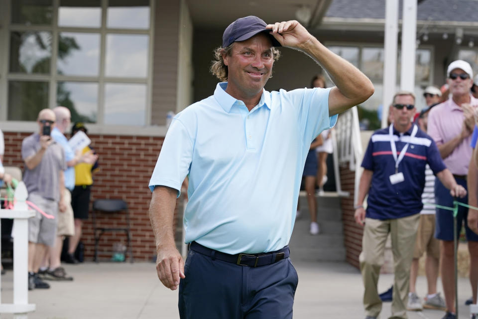 Stephen Ames walks to the 18th green after winning the PGA Tour Champions Principal Charity Classic golf tournament, Sunday, June 6, 2021, in Des Moines, Iowa. (AP Photo/Charlie Neibergall)