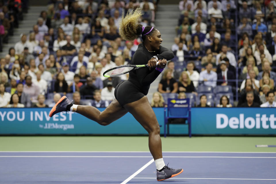 Serena Williams, of the United States, returns a shot to Elina Svitolina, of Ukraine, during the semifinals of the U.S. Open tennis championships Thursday, Sept. 5, 2019, in New York. (AP Photo/Adam Hunger)