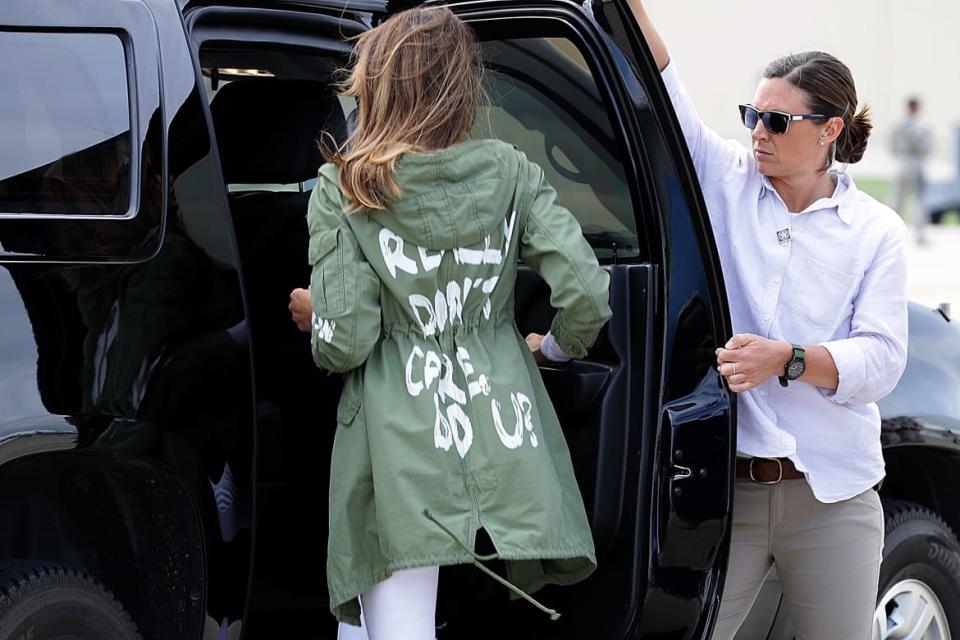 <div class="inline-image__caption"><p>Melania Trump climbs back into her motorcade after traveling to Texas to visit facilities that house and care for children taken from their parents at the U.S.-Mexico border, June 21, 2018, at Joint Base Andrews, Maryland.</p></div> <div class="inline-image__credit">Chip Somodevilla/Getty Images</div>