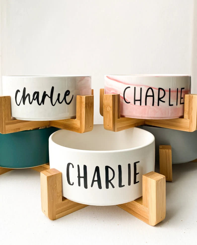 Personalized Pet Food Bowl with Stand. Image via Etsy/TrueNorthDogCo.