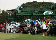 AUGUSTA, GA - APRIL 05: Vijay Singh of Fiji celebrates chipping in for birdie on the 18th hole during the first round of the 2012 Masters Tournament at Augusta National Golf Club on April 5, 2012 in Augusta, Georgia. (Photo by Andrew Redington/Getty Images)