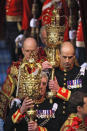 <p>Two Maces, made of silver gilt over oak, and dating between 1660 and 1695, are brought into Westminster Abbey in a procession at the beginning of the service. These ceremonial are carried before the sovereign for special occasions like the State Opening of Parliament (pictured).</p>